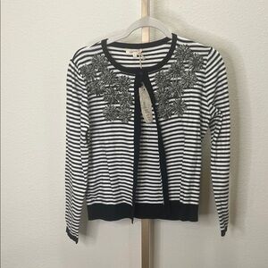 Mystree Cardigan Striped Black White Floral embellishment Large